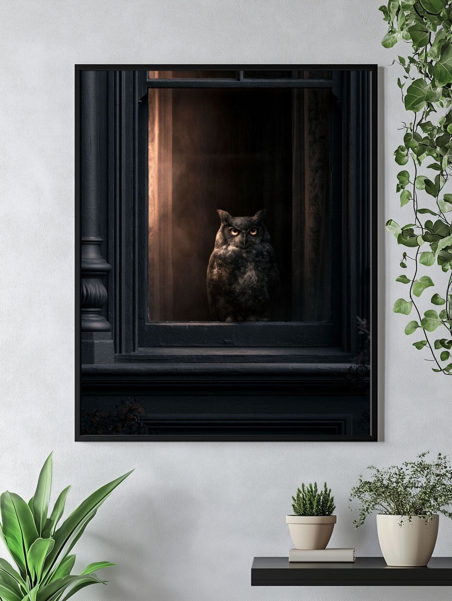 Owl in Window Photography Poster. — room view 4