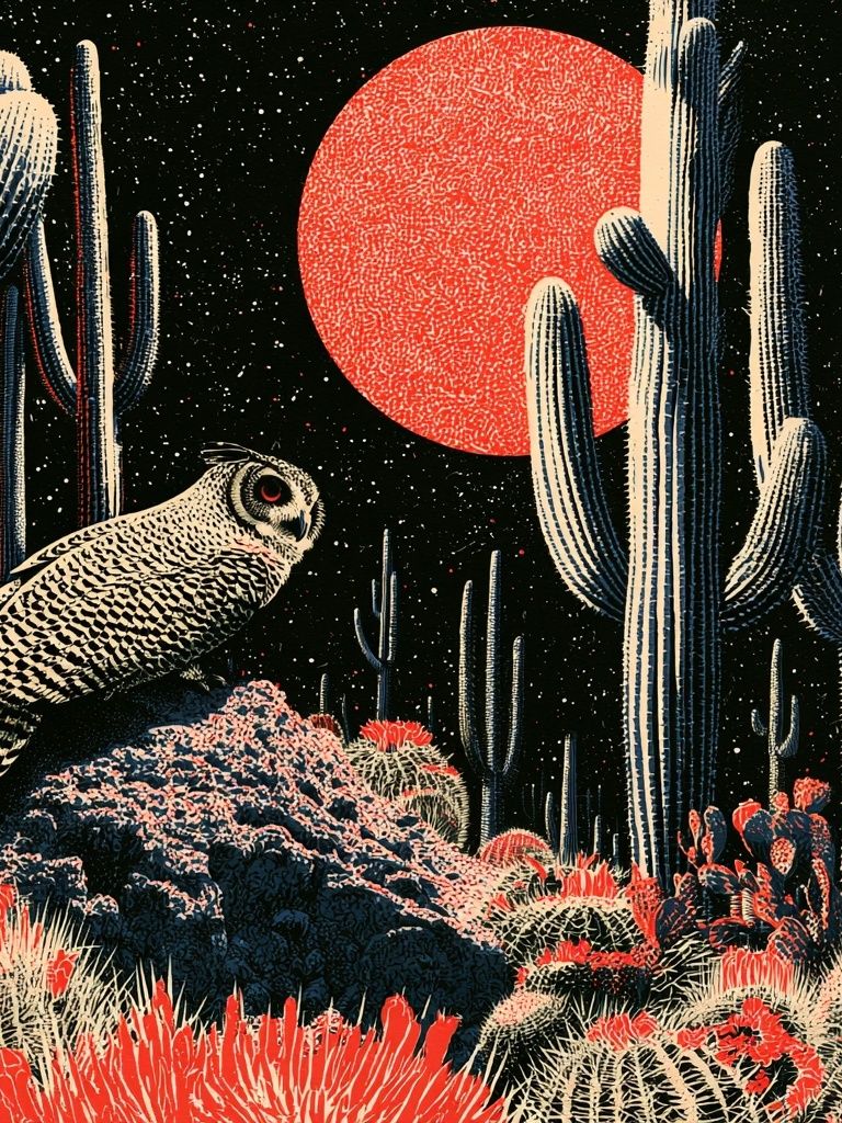 Desert Owl Nightscape Illustration Poster. poster — illustration art
