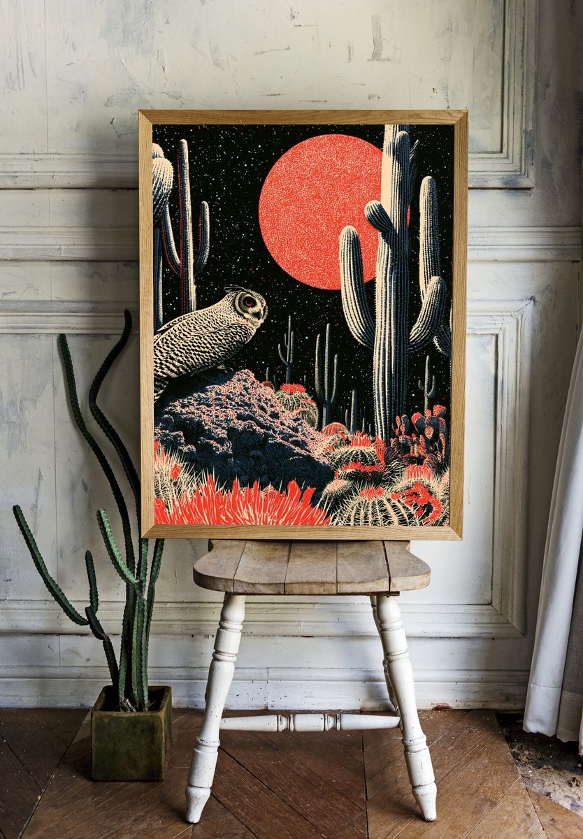 Desert Owl Nightscape Illustration Poster. room preview