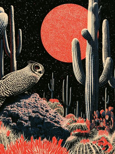Desert Owl Nightscape Illustration Poster. poster