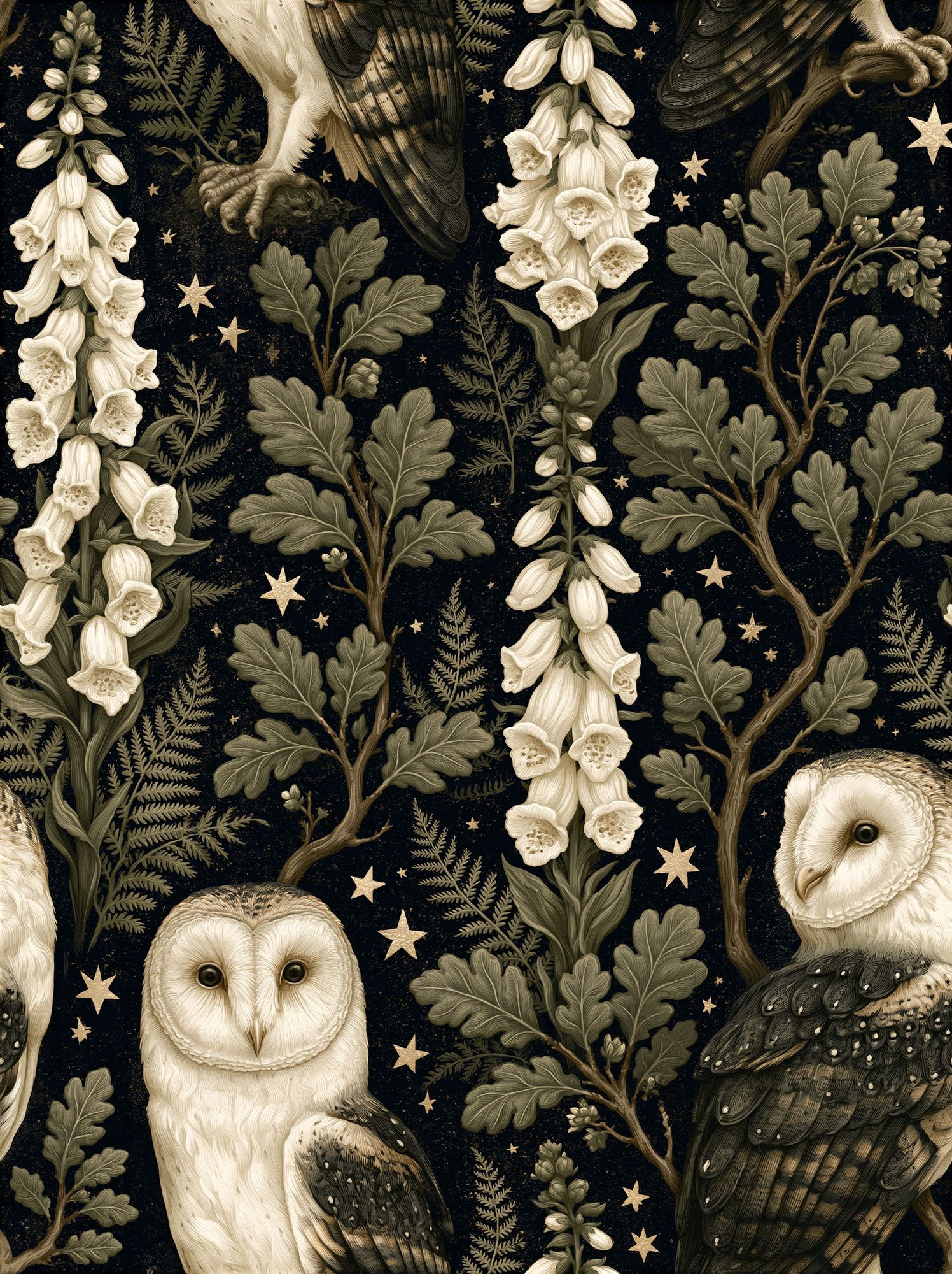 Owls and Foxglove Botanical Print. poster — animals art