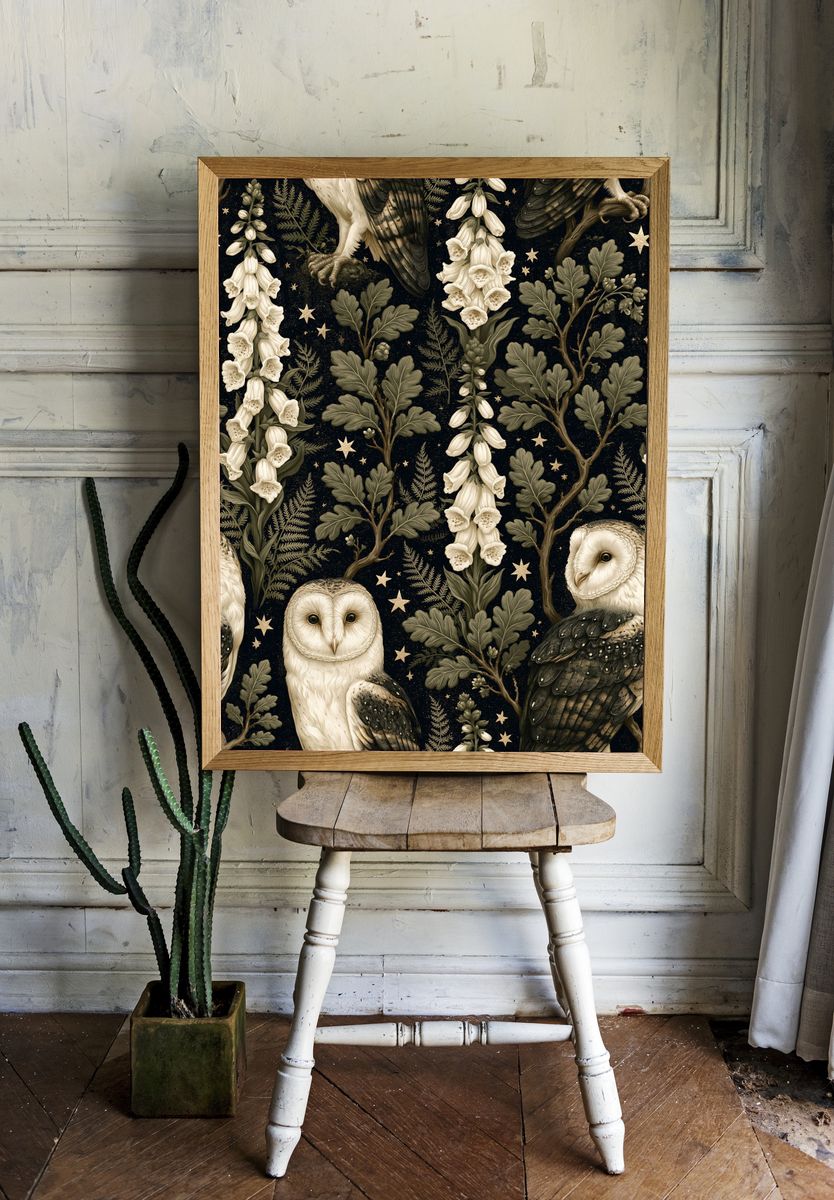 Owls and Foxglove Botanical Print. — room view 1