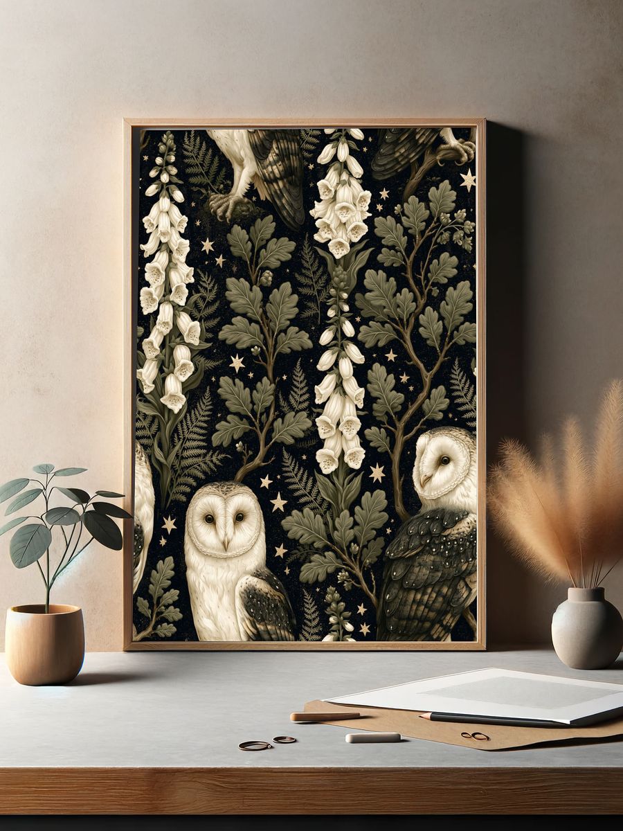 Owls and Foxglove Botanical Print. — room view 2