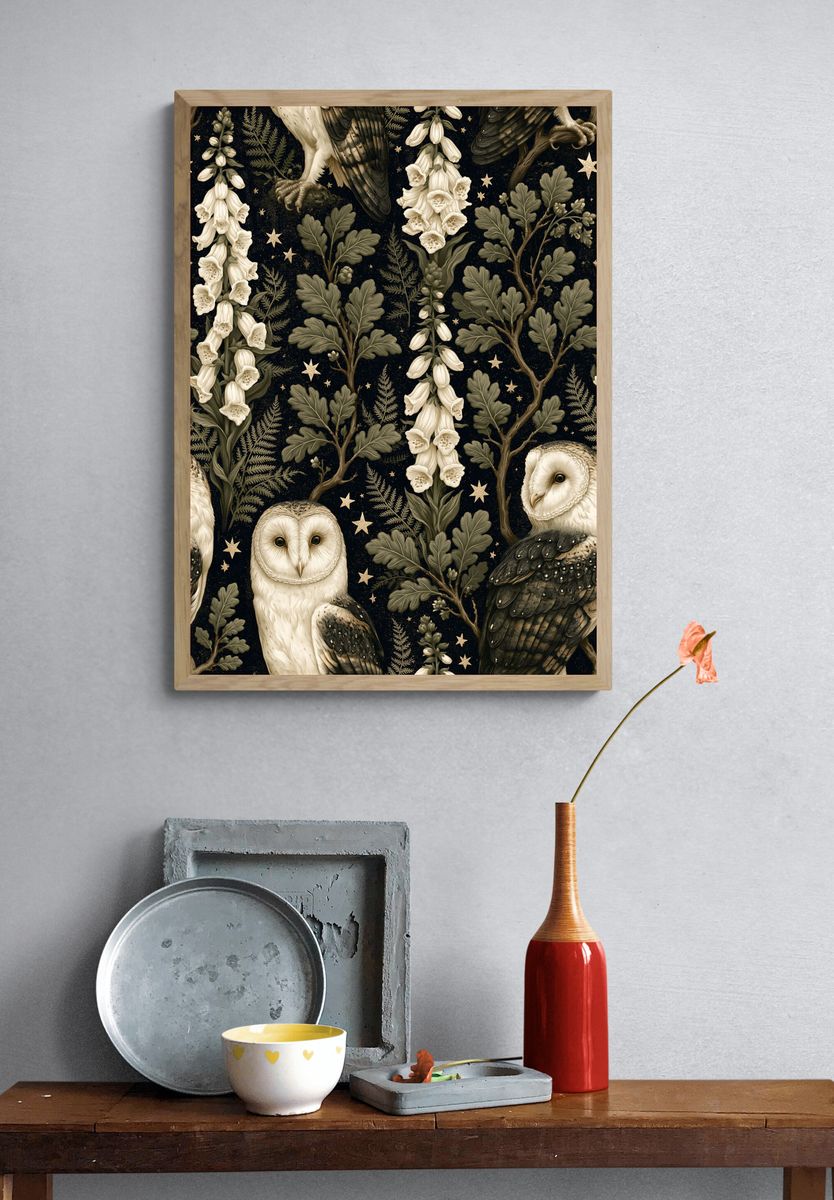 Owls and Foxglove Botanical Print. — room view 3