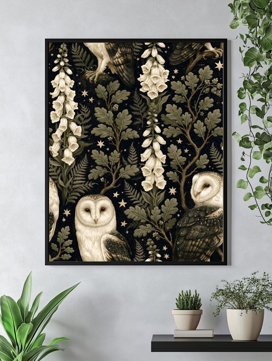 Owls and Foxglove Botanical Print. — room view 4