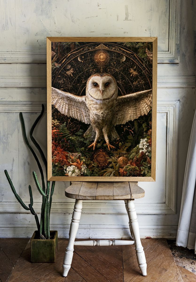 Owl Botanical Alchemy Poster. room preview