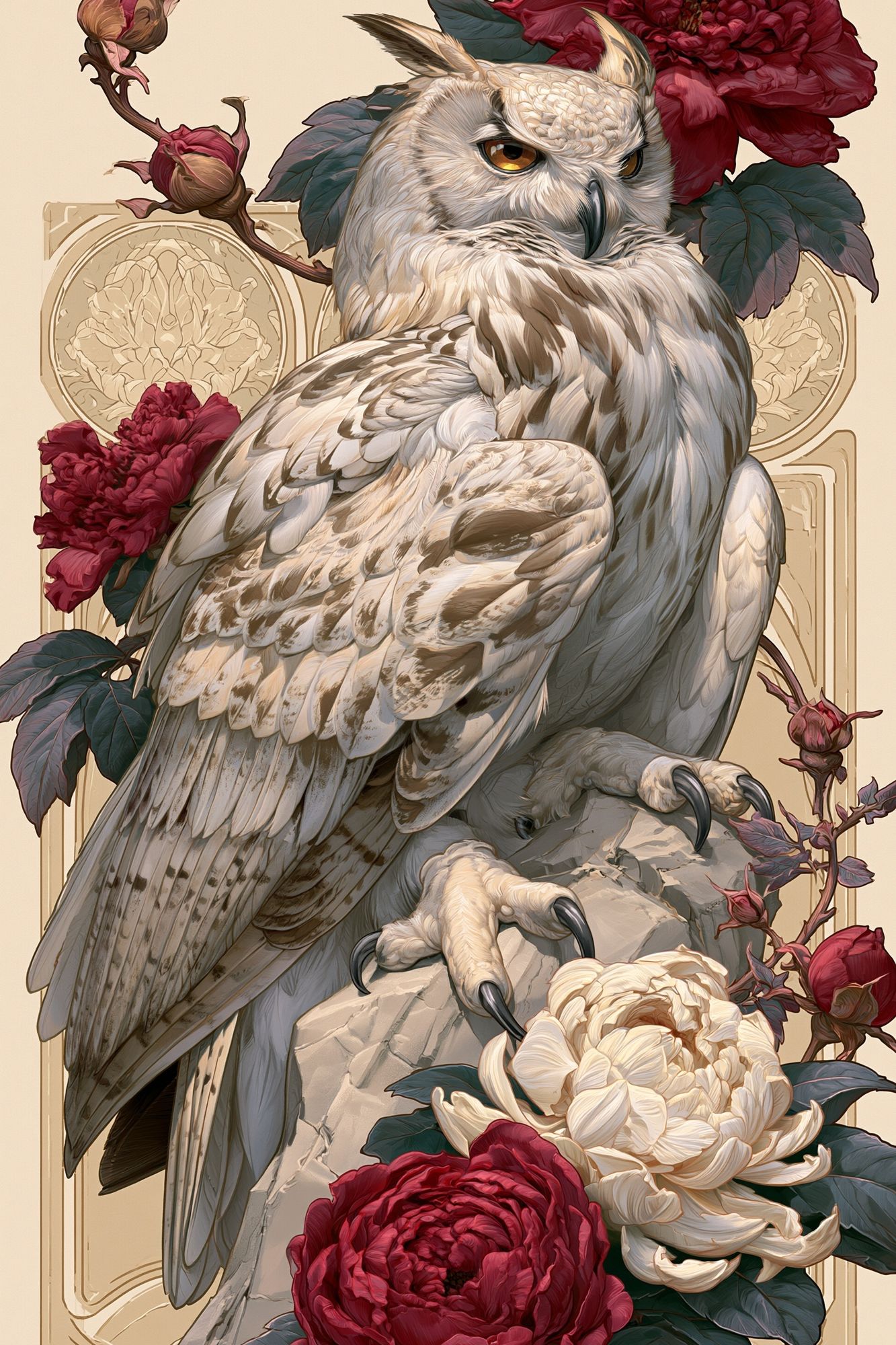 Owl and Peonies Illustration Poster. poster — animals art