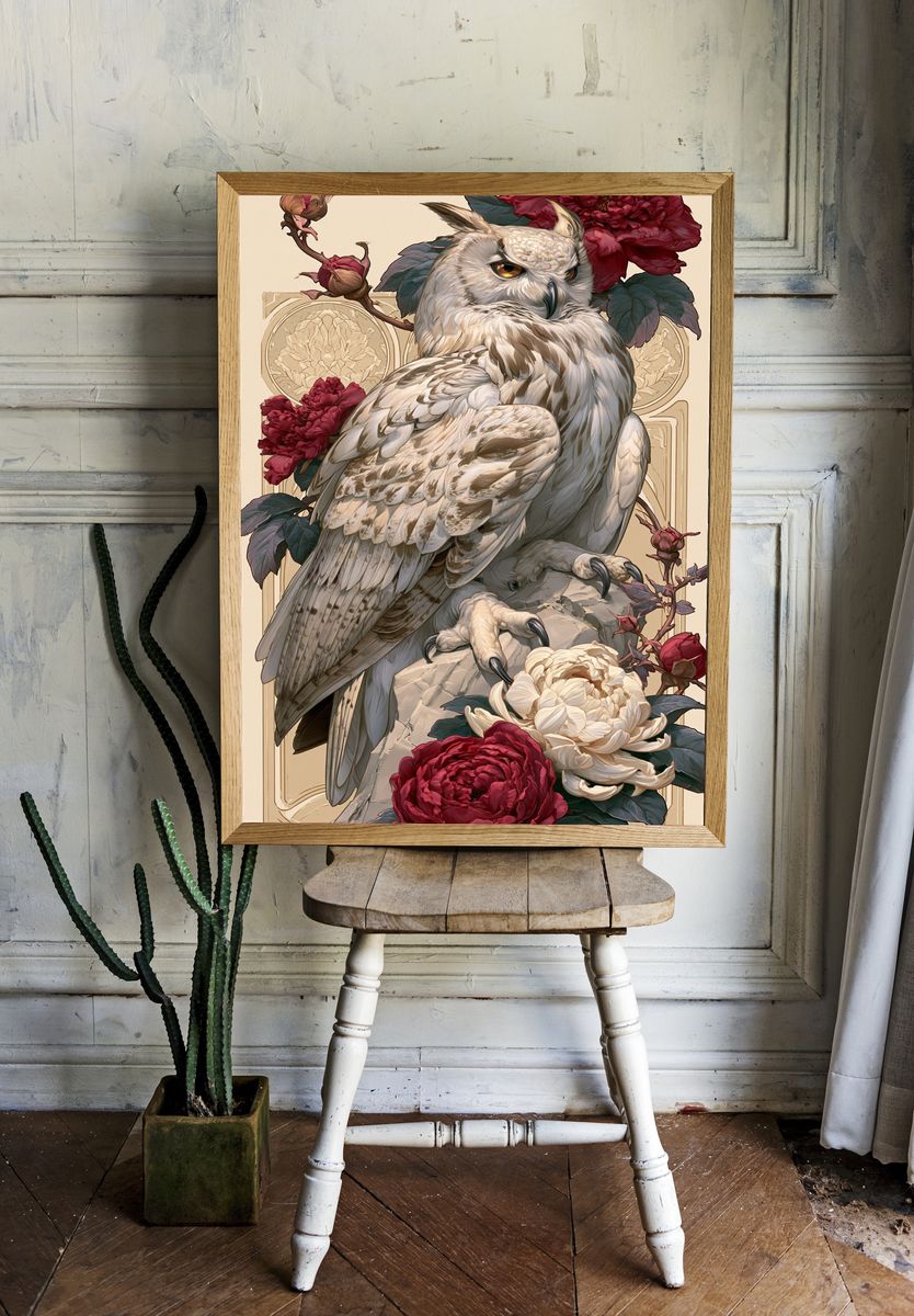 Owl and Peonies Illustration Poster. room preview