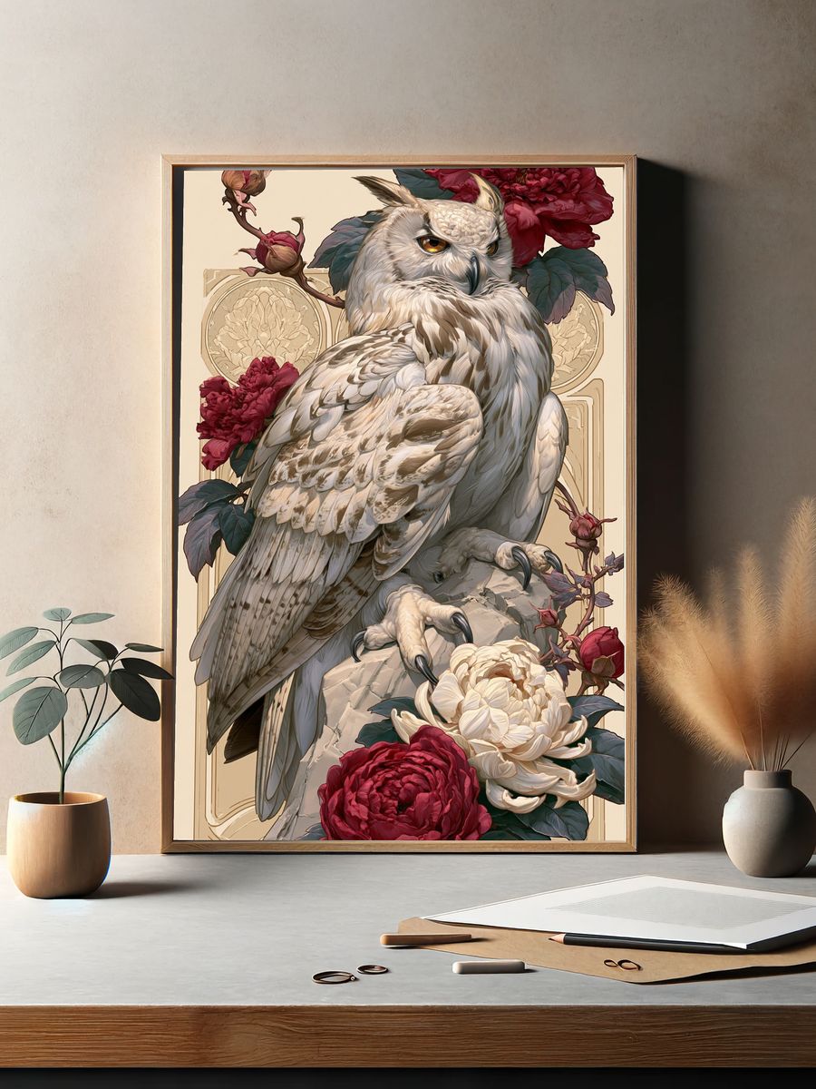 Owl and Peonies Illustration Poster. — room view 2