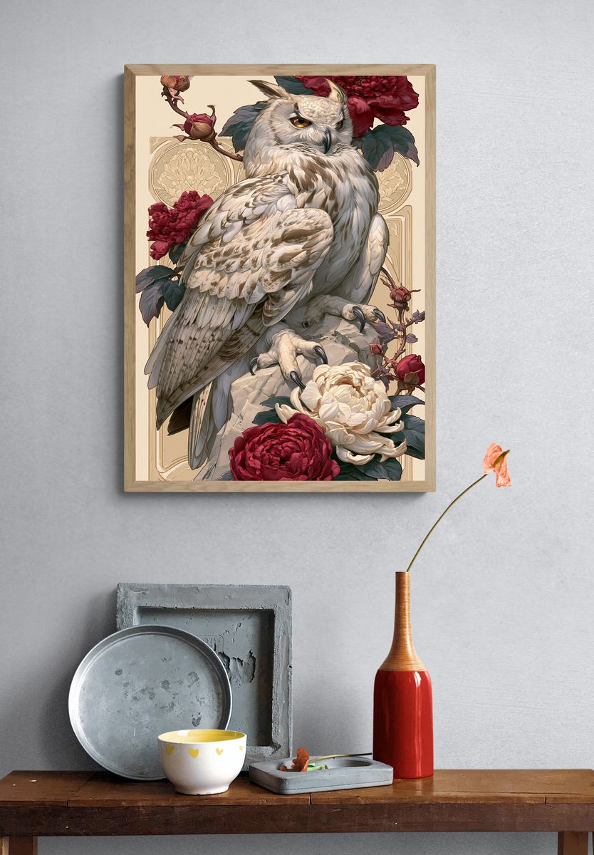 Owl and Peonies Illustration Poster. — room view 3