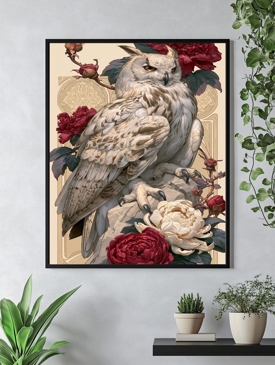 Owl and Peonies Illustration Poster. — room view 4