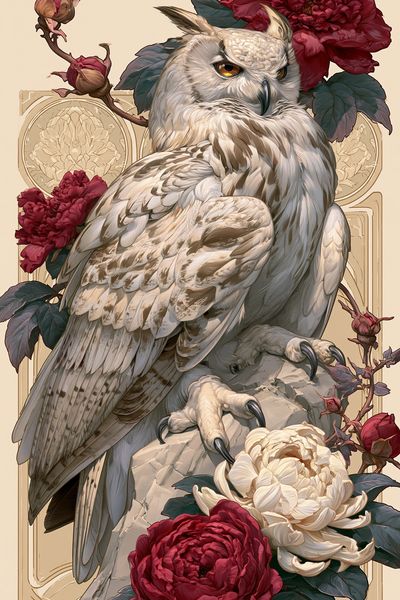Owl and Peonies Illustration Poster. poster
