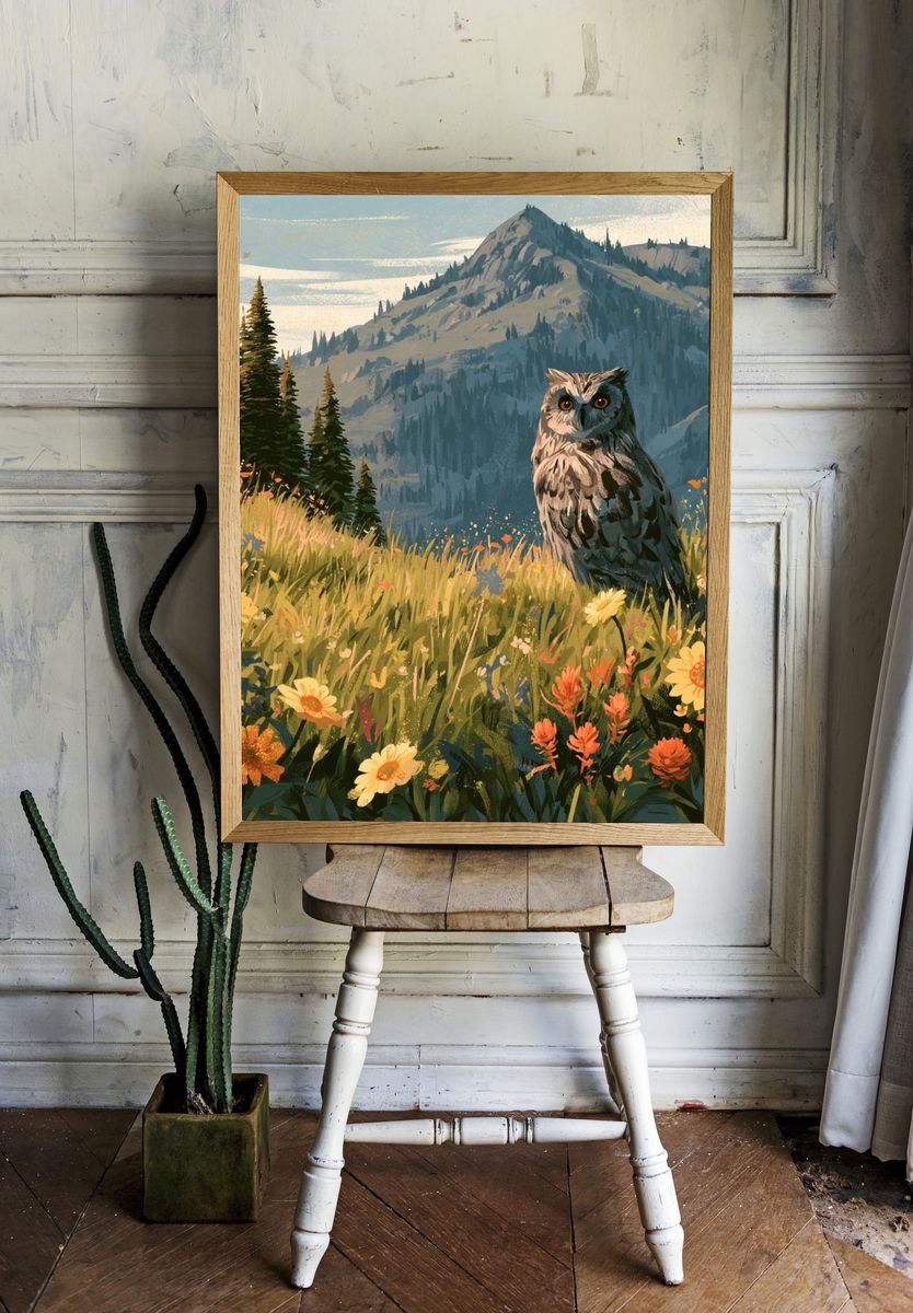 Owl Meadow Mountain Illustration Poster. — room view 1