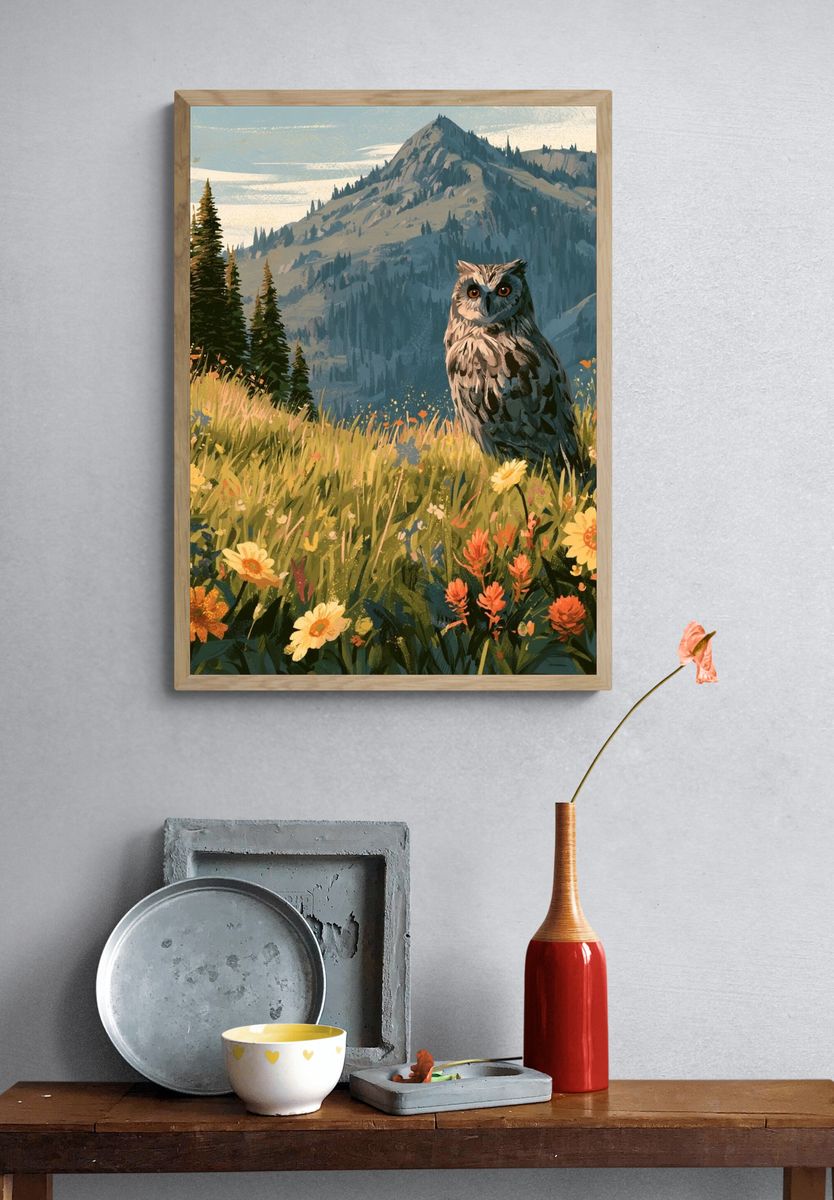 Owl Meadow Mountain Illustration Poster. — room view 3