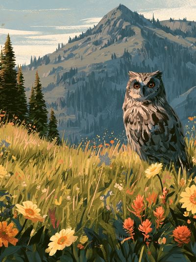 Owl Meadow Mountain Illustration Poster. poster