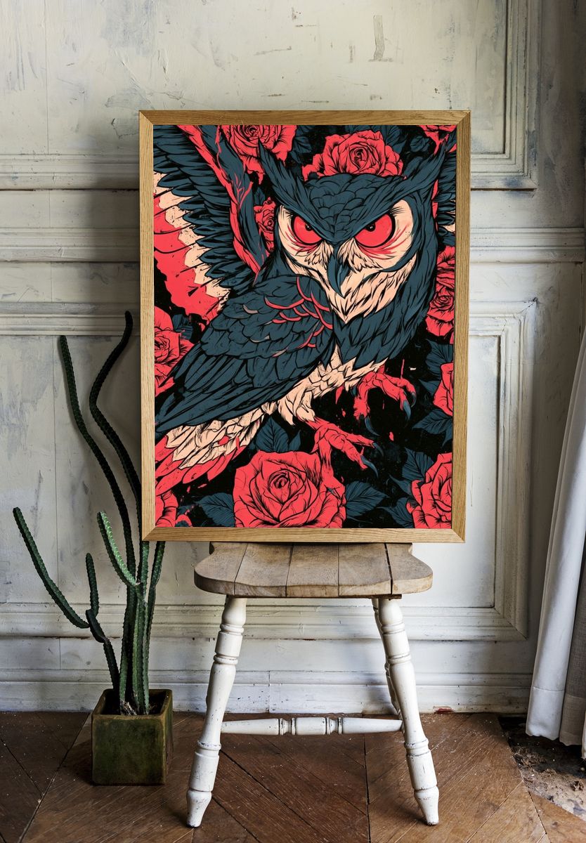 Owl and Roses Illustration Poster. — room view 1
