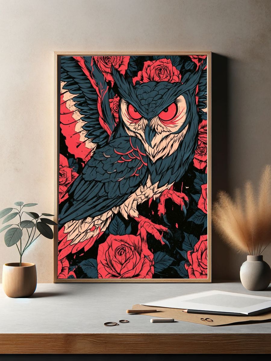 Owl and Roses Illustration Poster. — room view 2