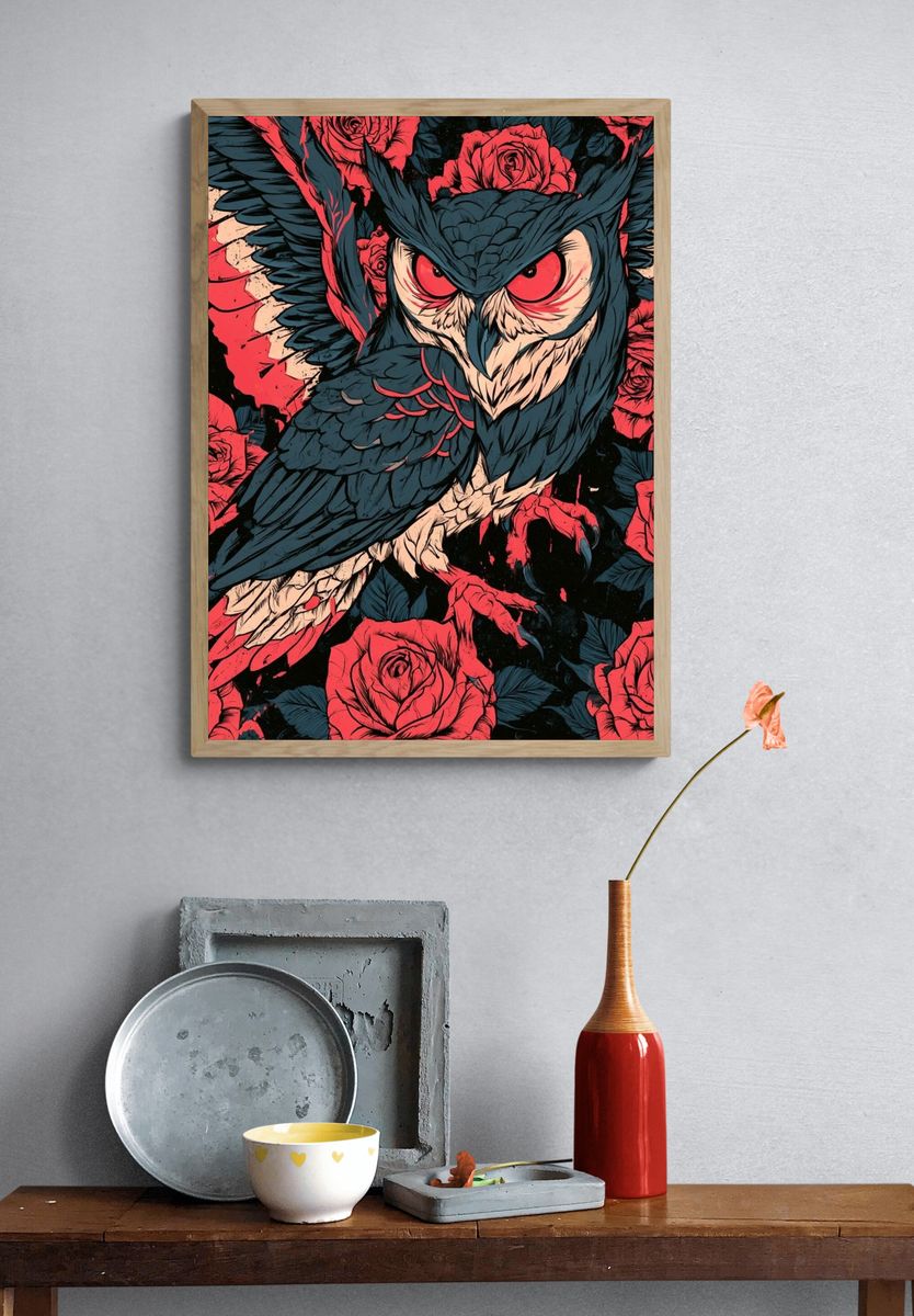 Owl and Roses Illustration Poster. — room view 3
