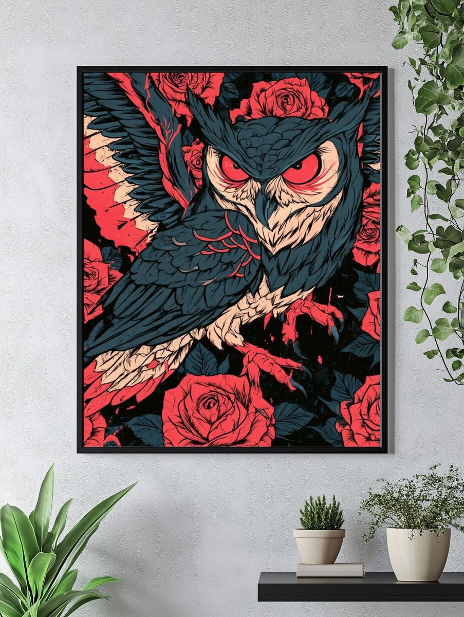 Owl and Roses Illustration Poster. — room view 4