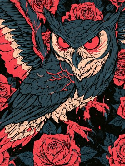 Owl and Roses Illustration Poster.