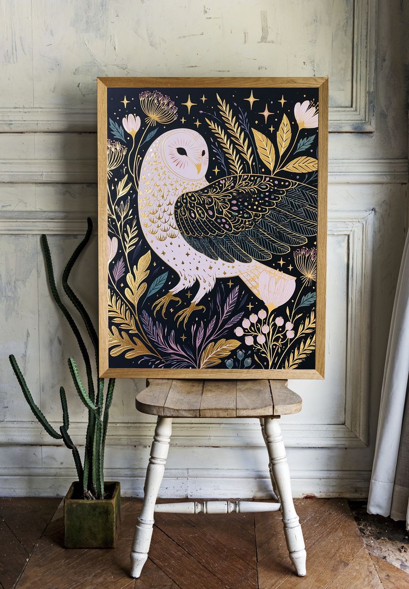 Owl and Wildflowers Illustration Poster. room preview