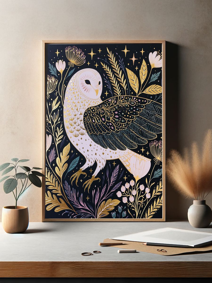 Owl and Wildflowers Illustration Poster. — room view 2