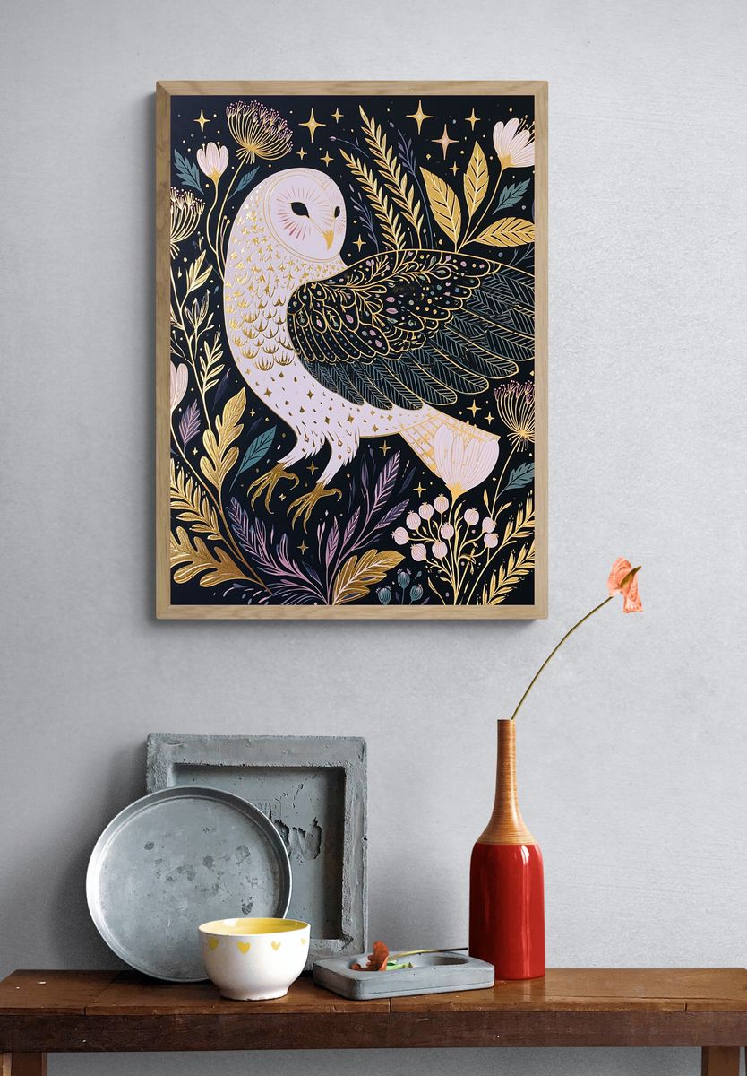 Owl and Wildflowers Illustration Poster. — room view 3
