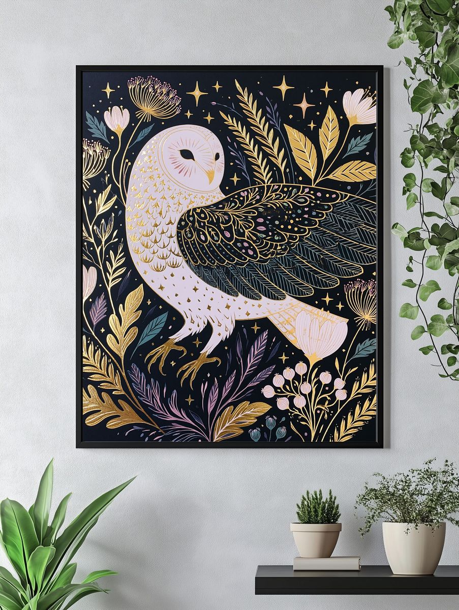 Owl and Wildflowers Illustration Poster. — room view 4