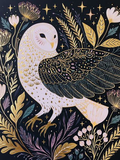 Owl and Wildflowers Illustration Poster. poster
