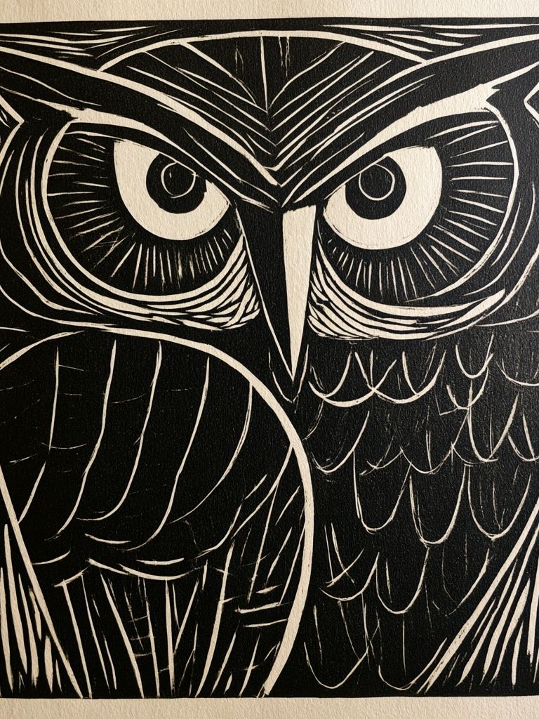 Owl Face Linocut Poster. poster — animals art