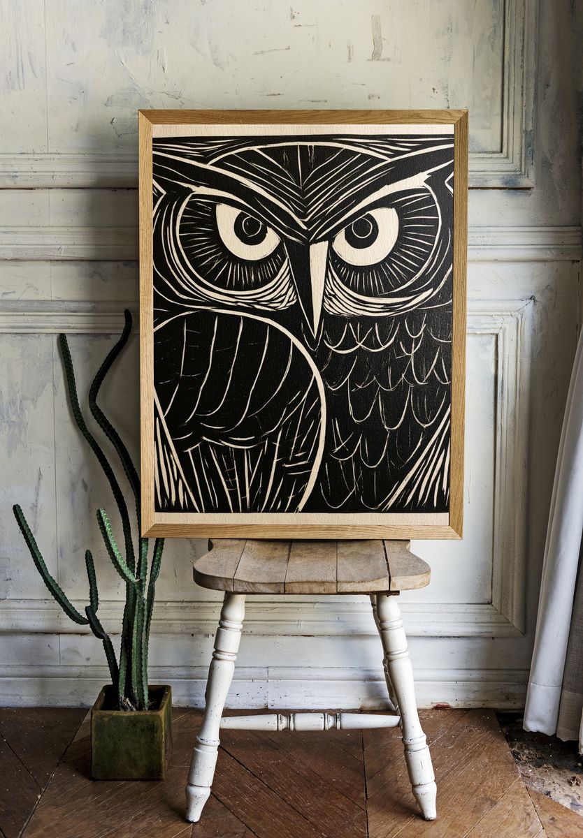 Owl Face Linocut Poster. — room view 1