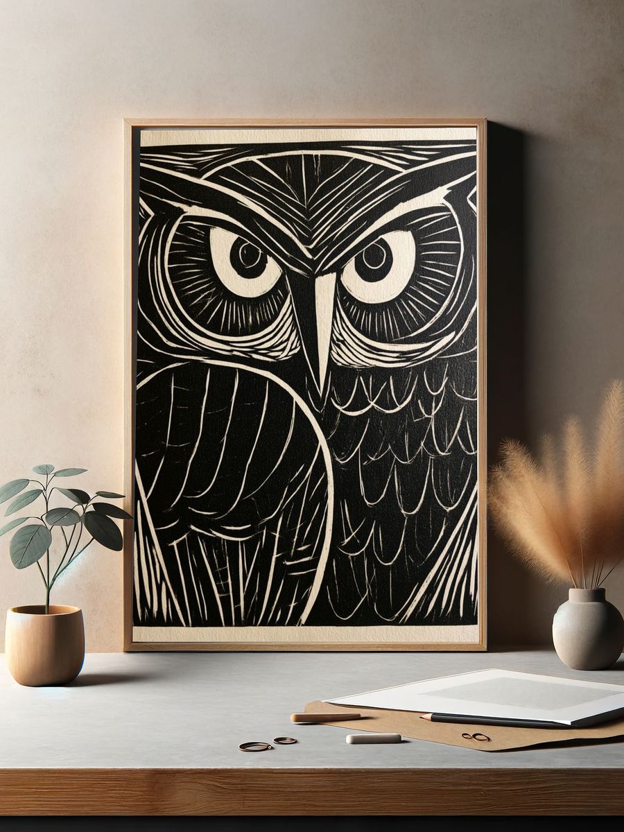 Owl Face Linocut Poster. — room view 2