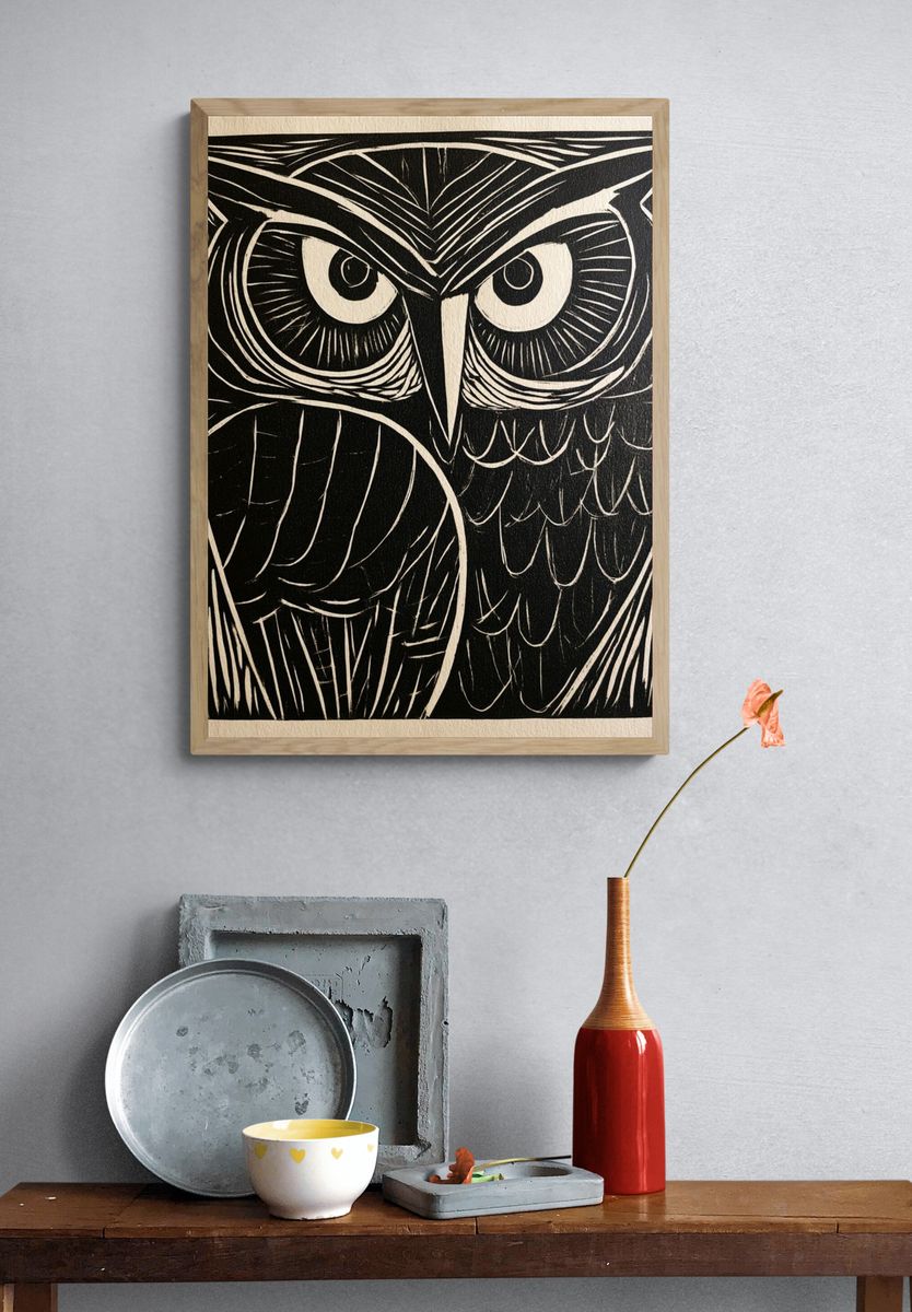 Owl Face Linocut Poster. — room view 3