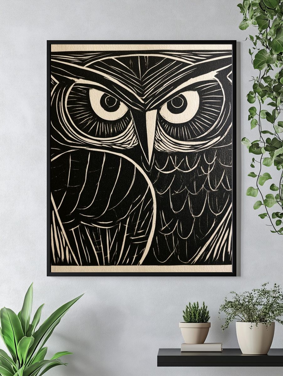 Owl Face Linocut Poster. — room view 4