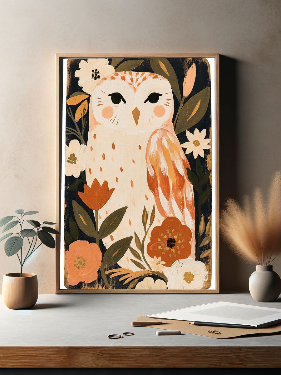 Floral Owl Illustration Poster. — room view 2
