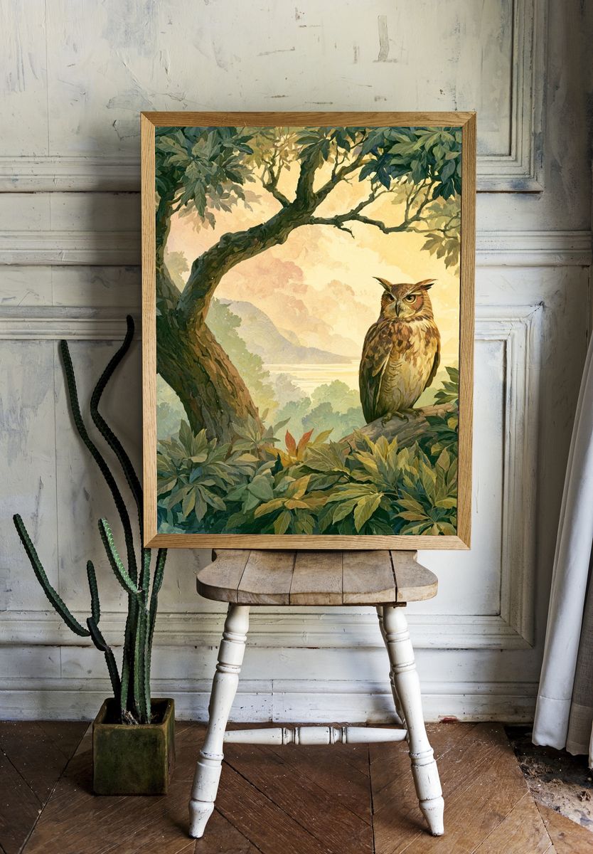 Owl in Forest Canopy Illustration Poster. room preview