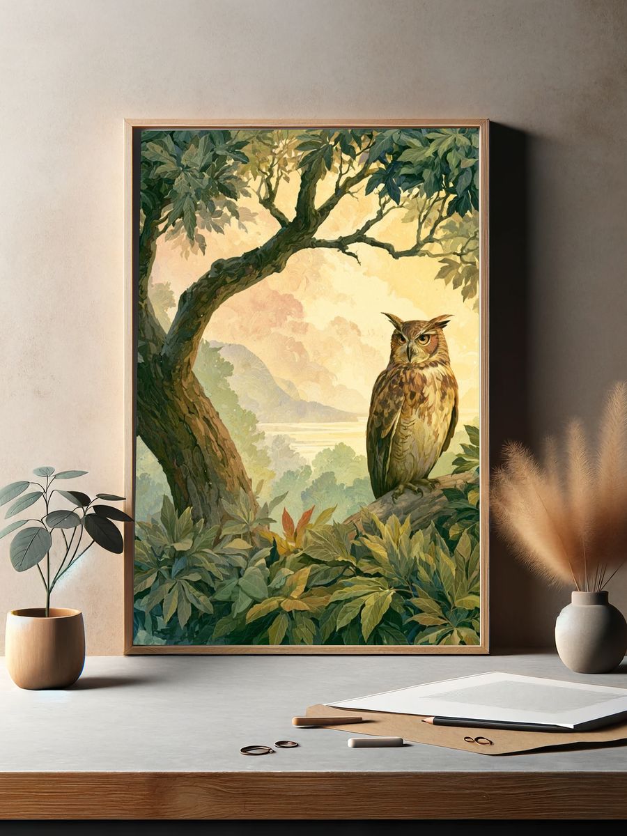 Owl in Forest Canopy Illustration Poster. — room view 2