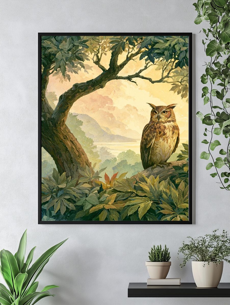 Owl in Forest Canopy Illustration Poster. — room view 4