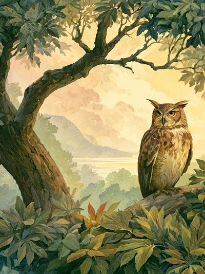 Owl in Forest Canopy Illustration Poster. poster