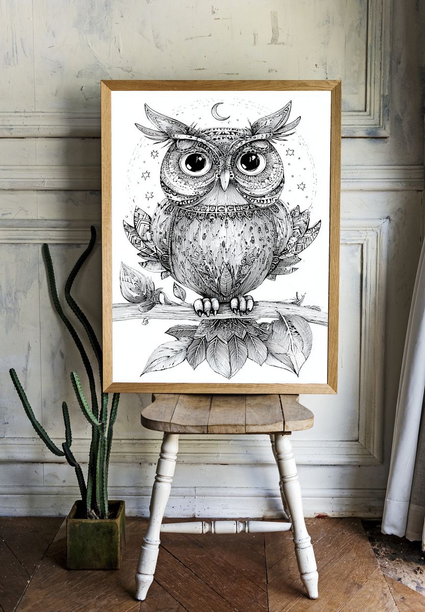 Intricate Owl Illustration Poster. — room view 1