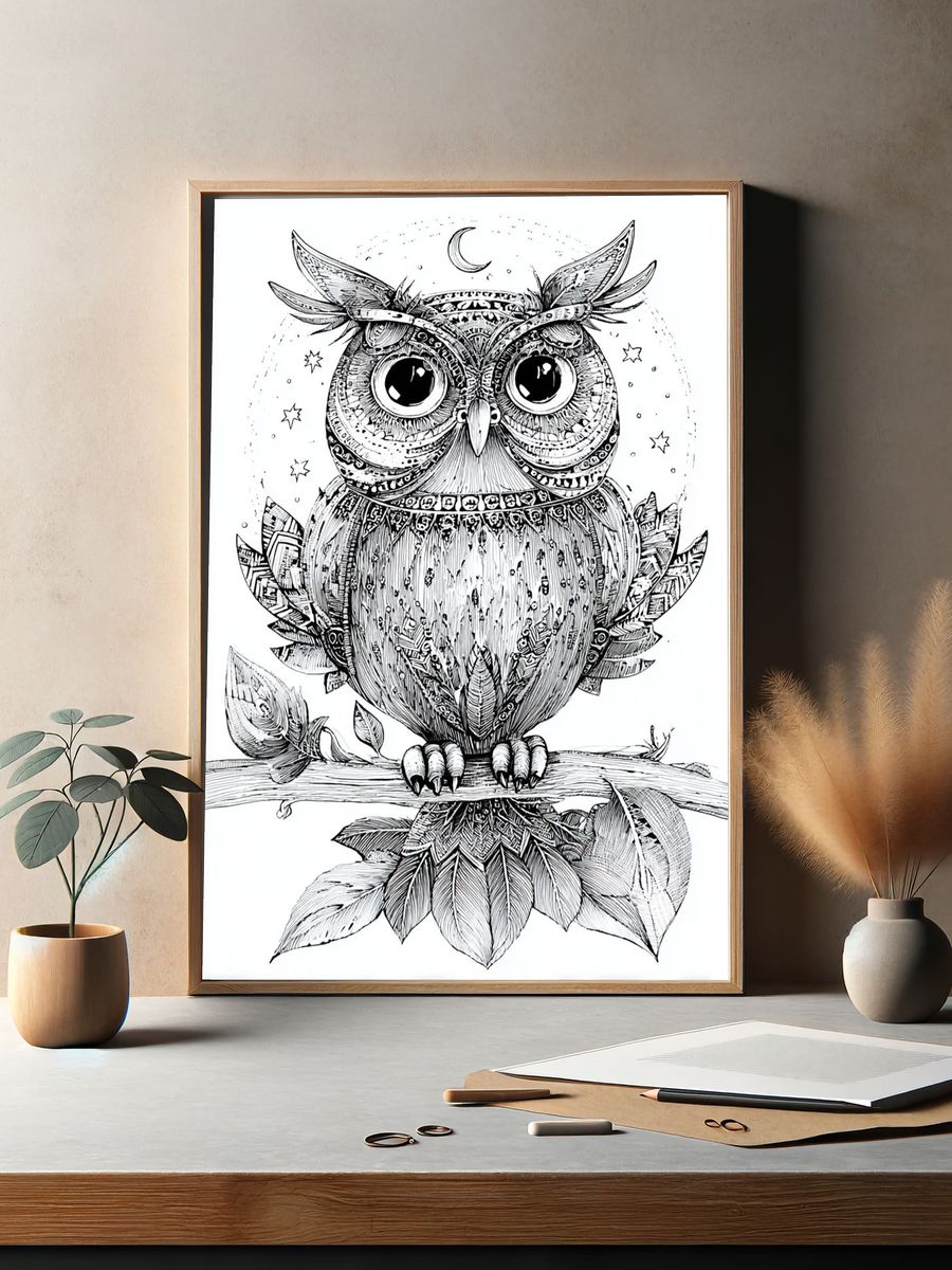 Intricate Owl Illustration Poster. — room view 2
