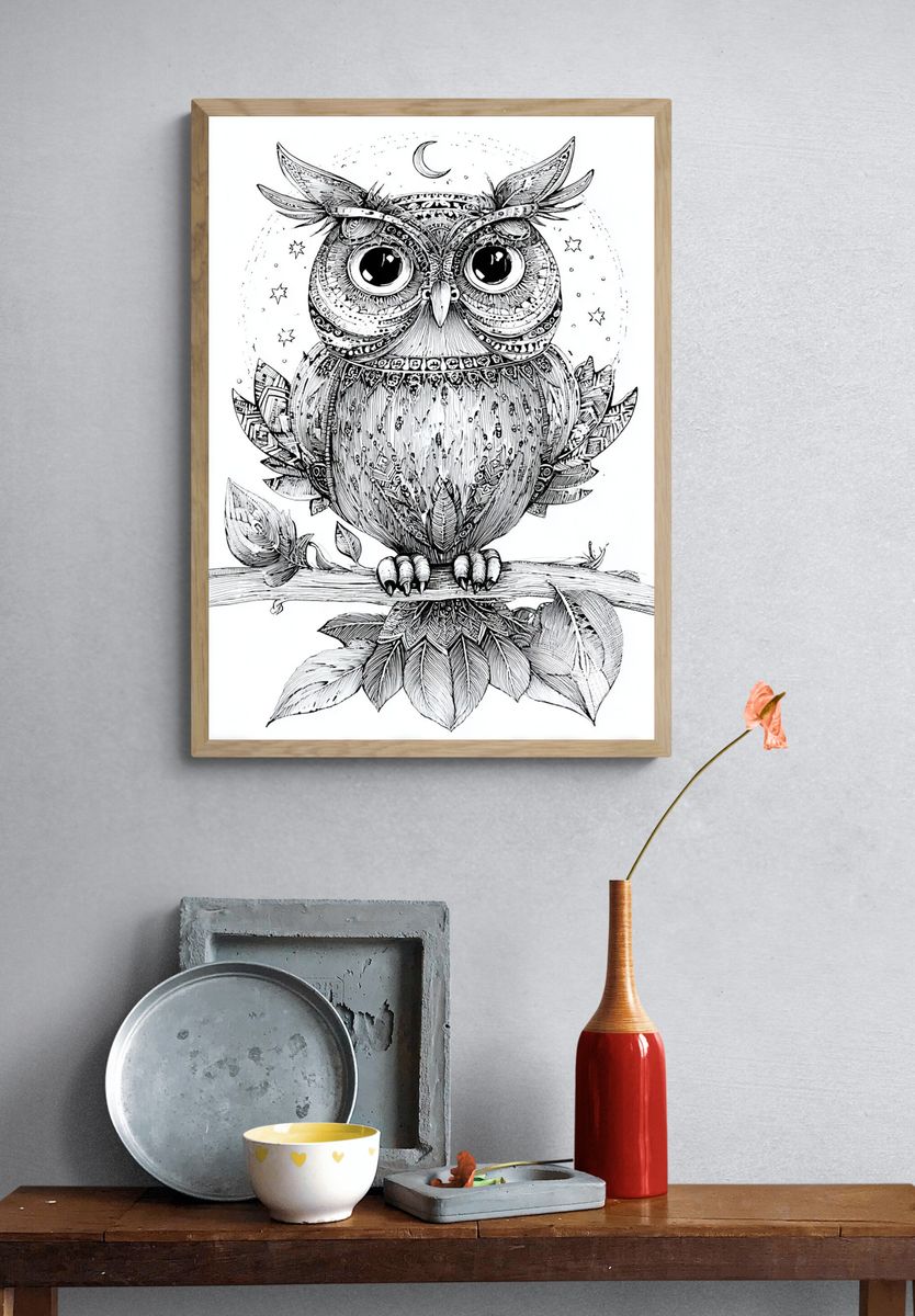 Intricate Owl Illustration Poster. — room view 3