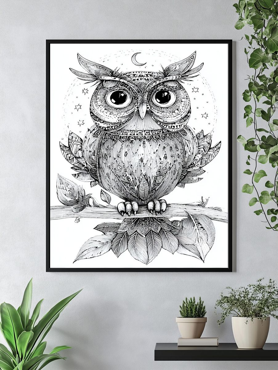 Intricate Owl Illustration Poster. — room view 4