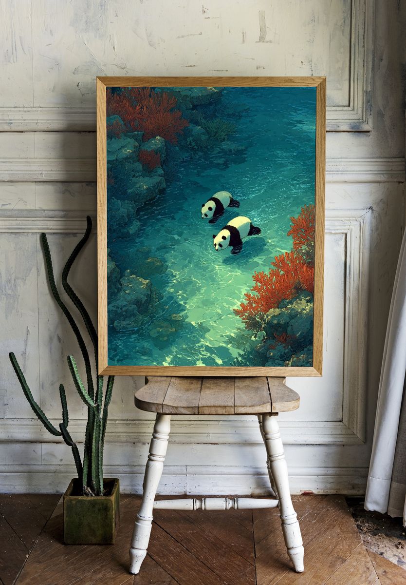 Pandas in Coral Reef Illustration Poster. — room view 1