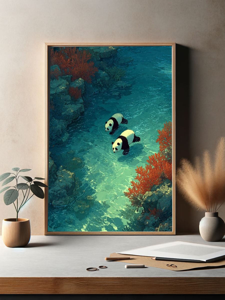 Pandas in Coral Reef Illustration Poster. — room view 2
