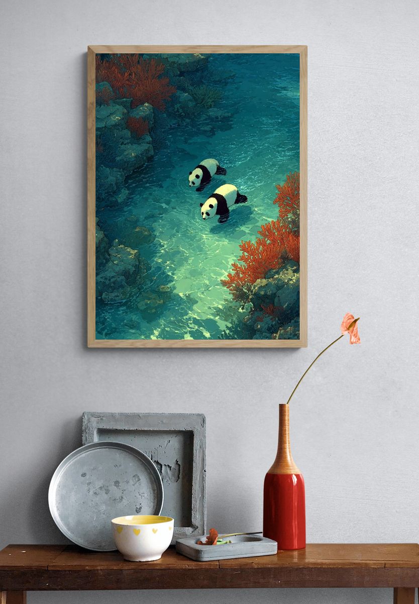 Pandas in Coral Reef Illustration Poster. — room view 3