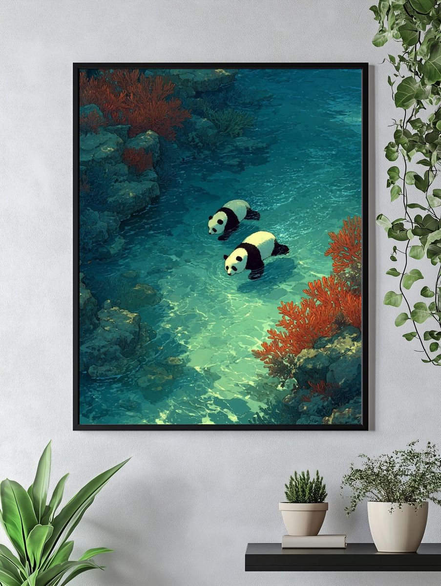 Pandas in Coral Reef Illustration Poster. — room view 4