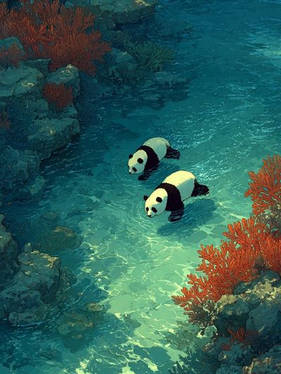 Pandas in Coral Reef Illustration Poster. poster print