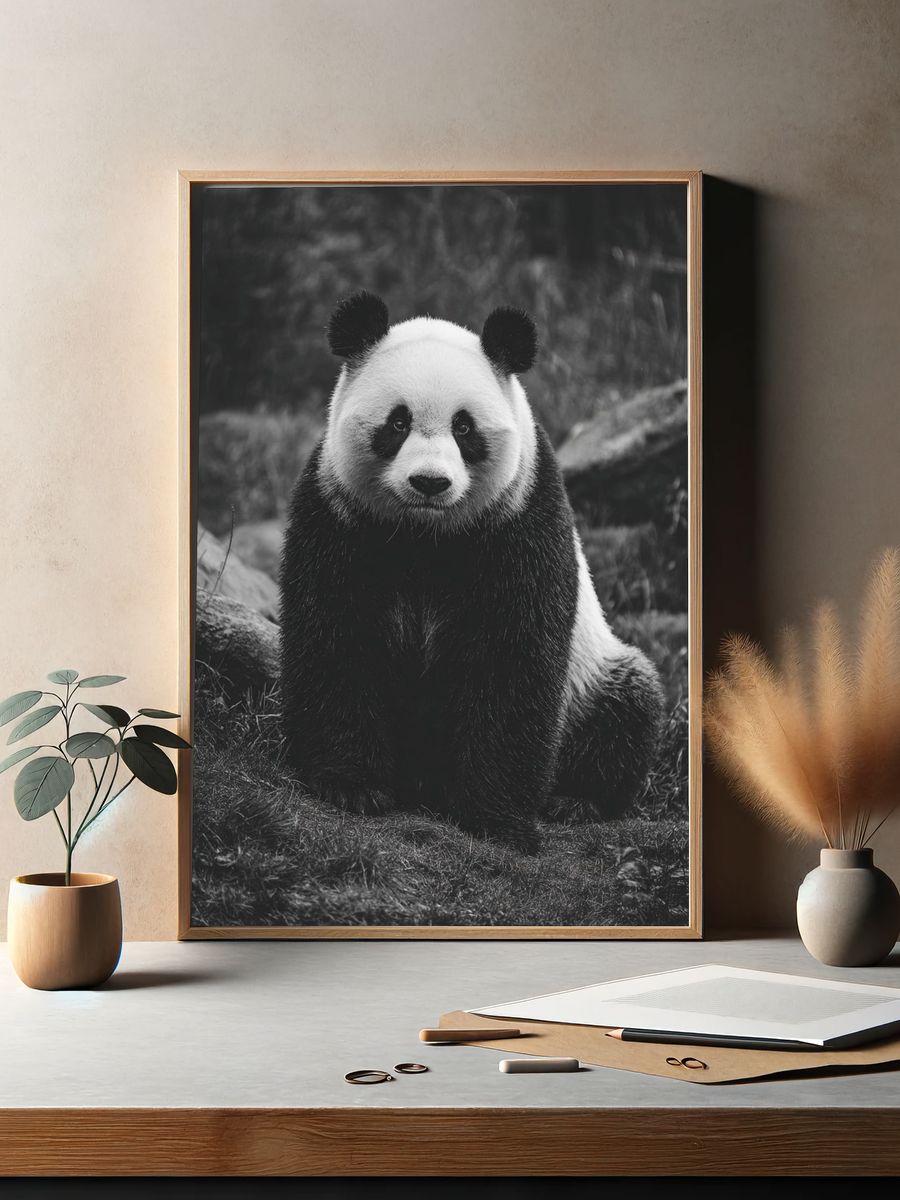 Panda Portrait Black-White Poster. — room view 2