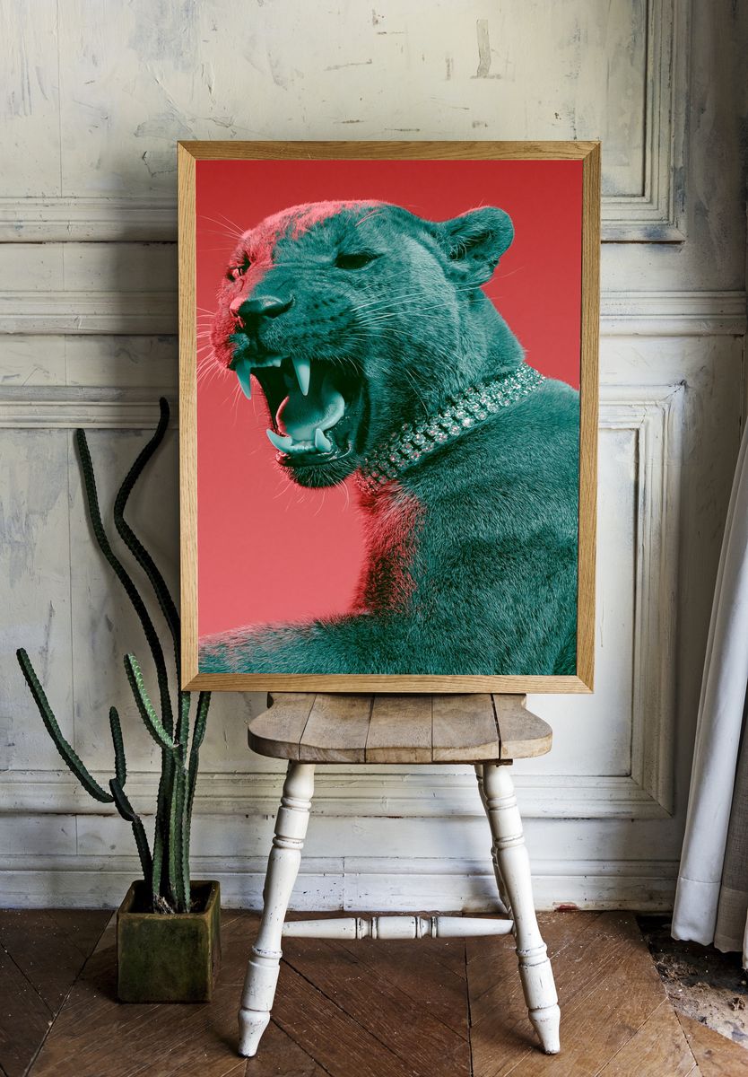 Neon Panther Portrait Print. room preview
